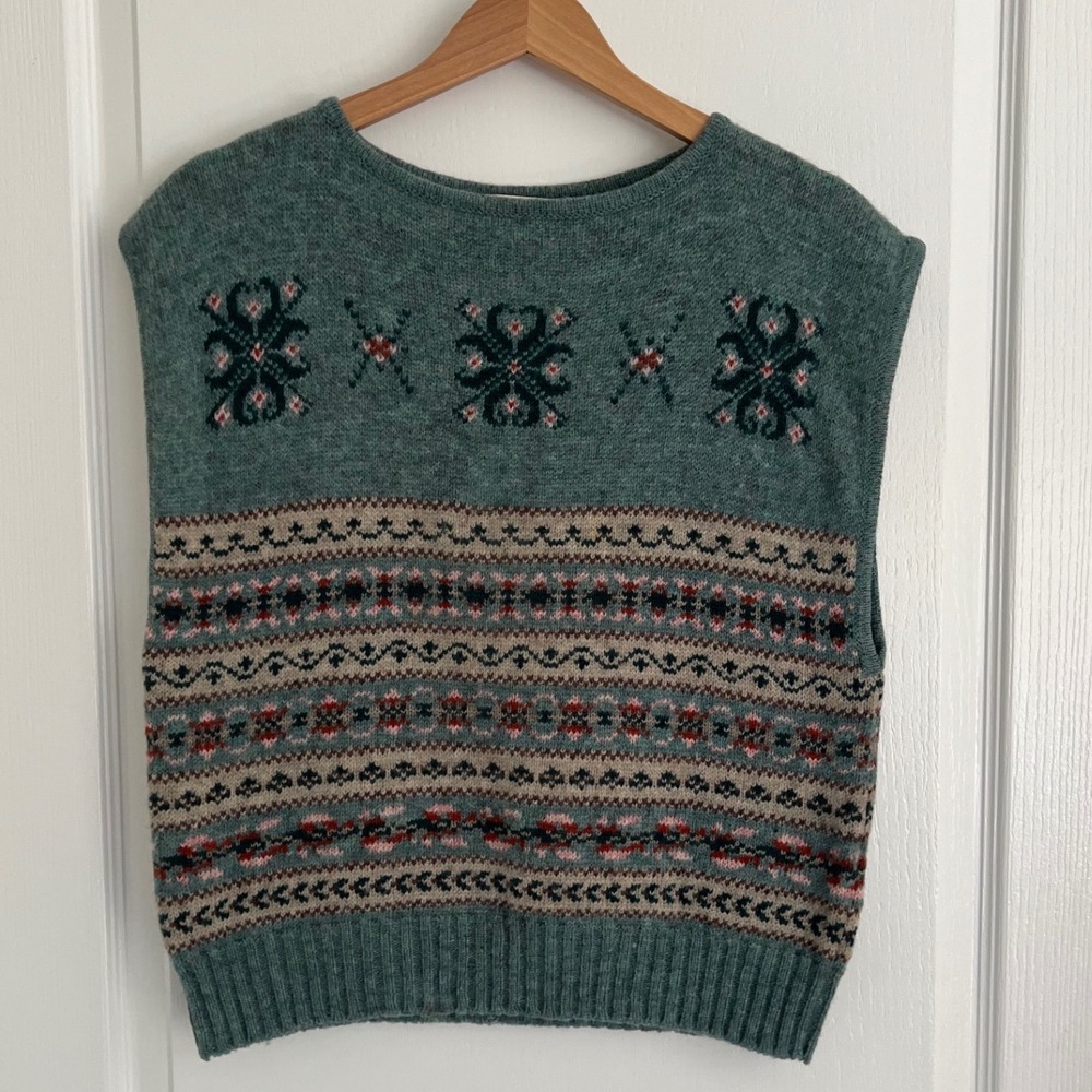 Vintage Susan Bristol Wool Fair Isle Pullover Sweater Vest Women Green Size 38